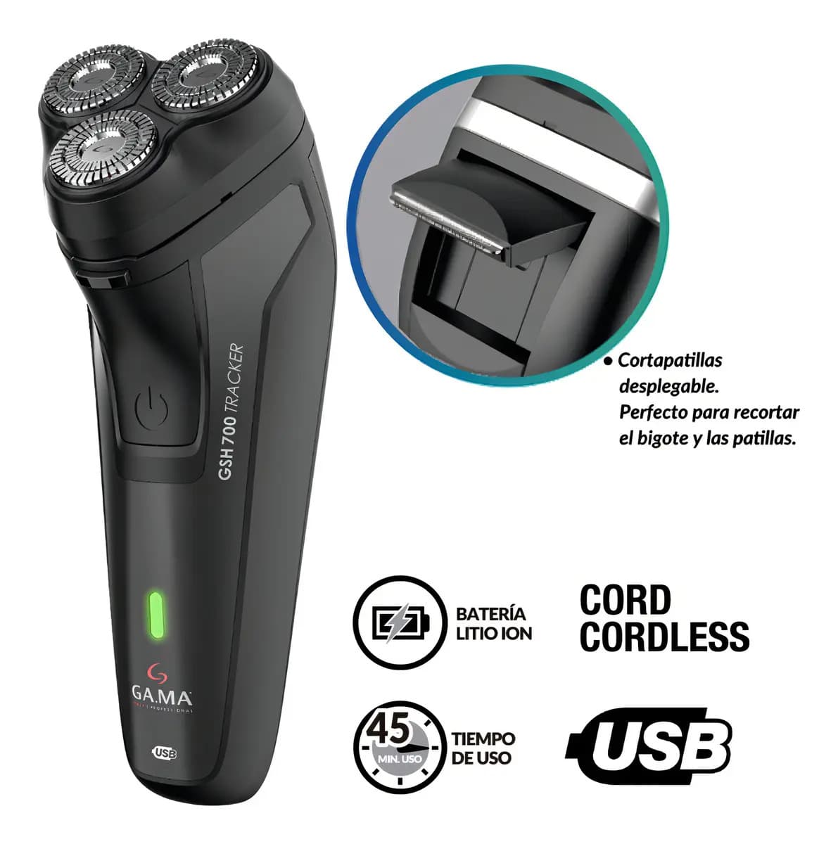 Afeitadora Gama Italy Gsh 700 Negro Tracker Cordless Usb — imagen 3