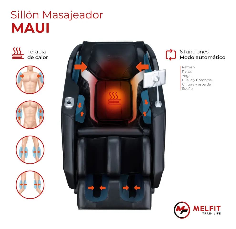 Sillón Masajeador Melfit Maui Rodillos Calor Bluetooth Color Negro Maui — imagen 4