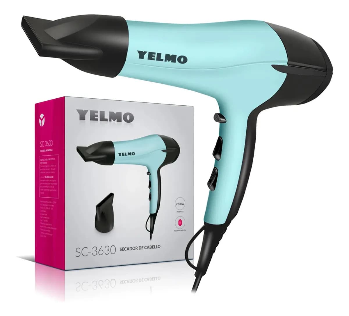 Secador Pelo Profesional 2200w Tourmaline Ion Yelmo Sc-3630 Color Celeste