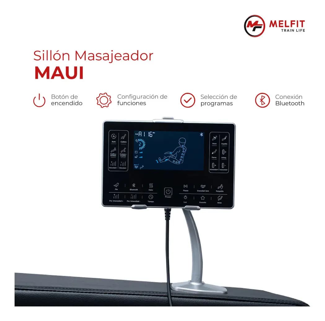 Sillón Masajeador Melfit Maui Rodillos Calor Bluetooth Color Negro Maui — imagen 2