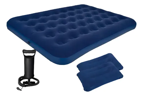 Colchon Inflable 2 Plazas Con Almohadas + Inflador Portátil Azul