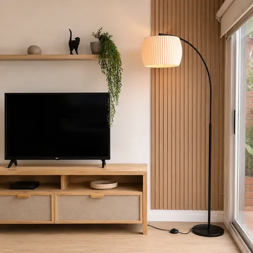 Lámpara De Pie Curva De Hierro Led E27 Minimalista Moderna Natural Negro