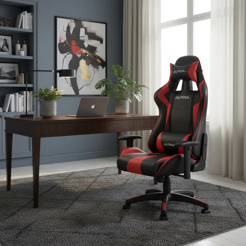 Silla Gamer Alpina Ergonómica Giratoria Reclinable PRE-FT055 Negro/Rojo Cuero Sintético