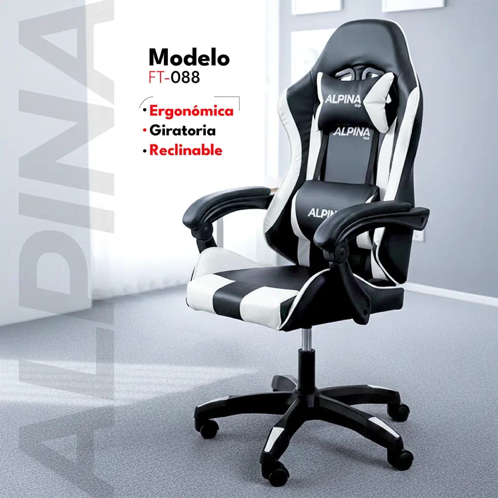 Silla Gamer Alpina Ergonómica Giratoria Reclinable FT-088 Negro Cuero Sintético — imagen 2