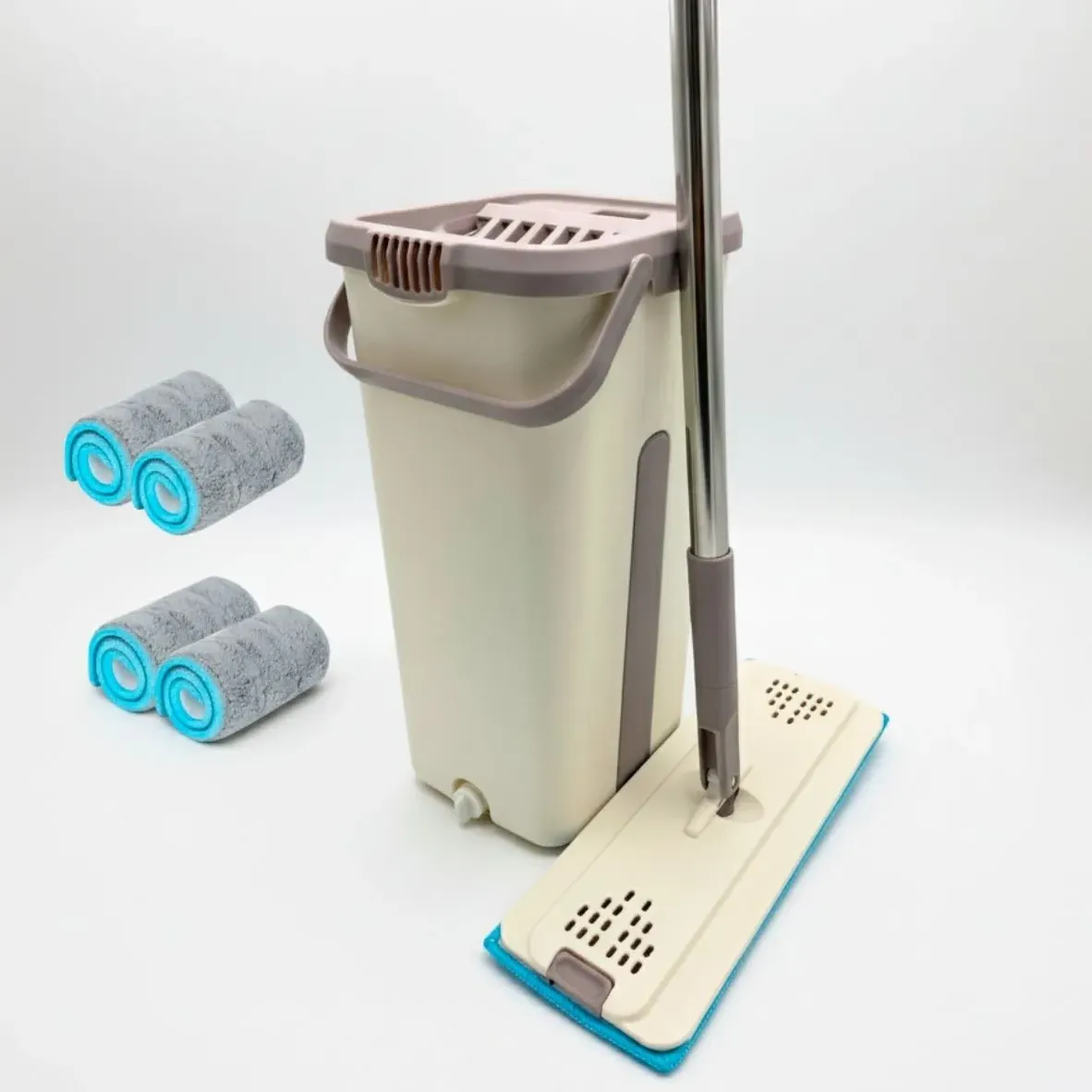 Trapeador Mopa Con Balde Escurridor Mas 4 Repuestos Crema