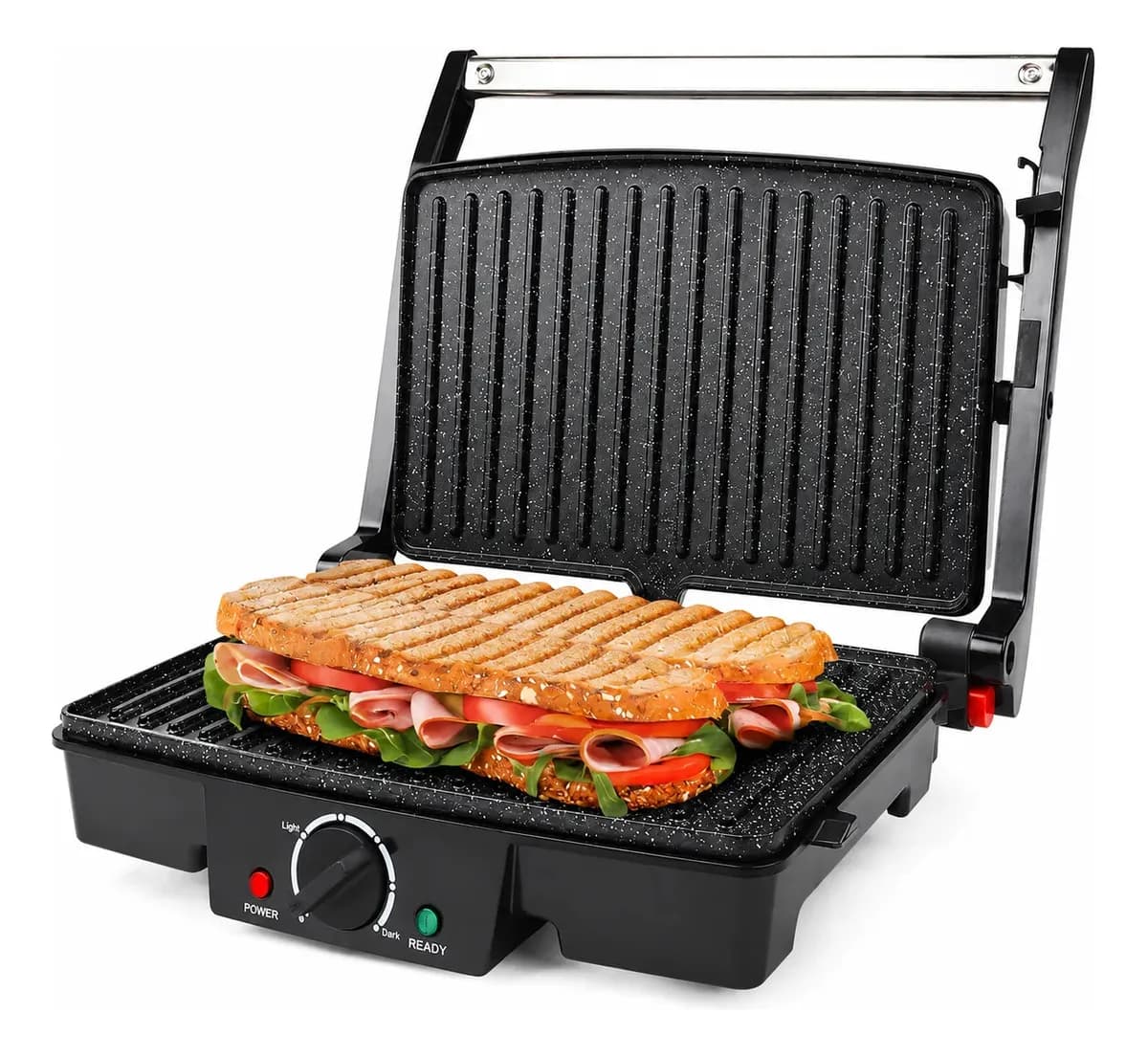 Plancha Parrilla Grill Eléctrica Doble Novohome Placas Antiadherente De Cerámica Tapa Prensa Sandwichera Panini Apertura 180