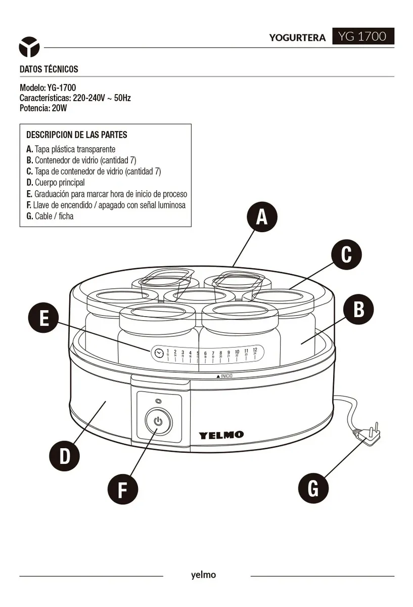 Yogurtera Fabrica De Yogurt Yelmo Yg-1700 7 Jarros Tapas De Colores — imagen 2