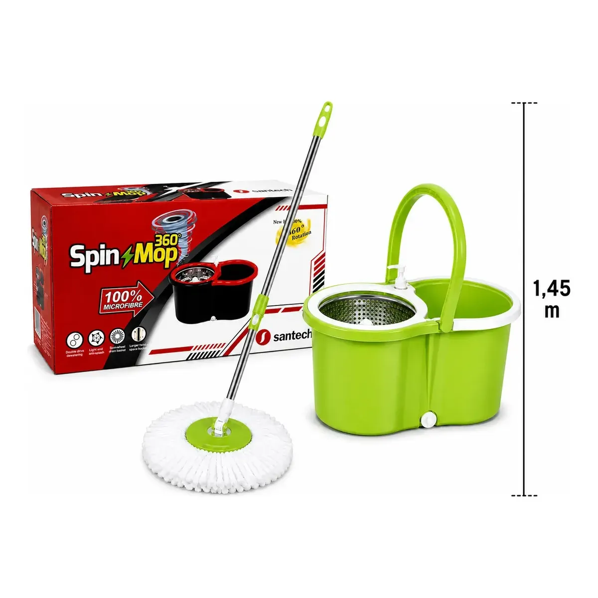 Set Mopa Centrifuga 360 Balde Mas 2 Mopas Con Ruedas Santech Verde