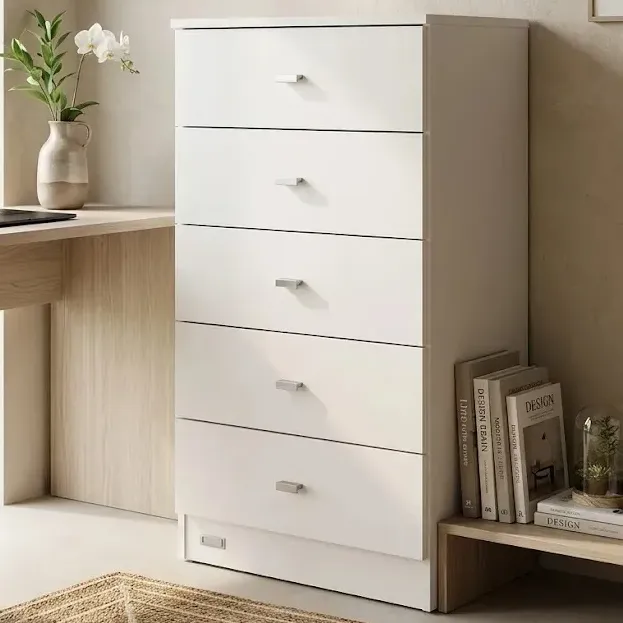 Chifonier 5 Cajones Blanco Melamina 48x76 cm Dormitorio con Correderas