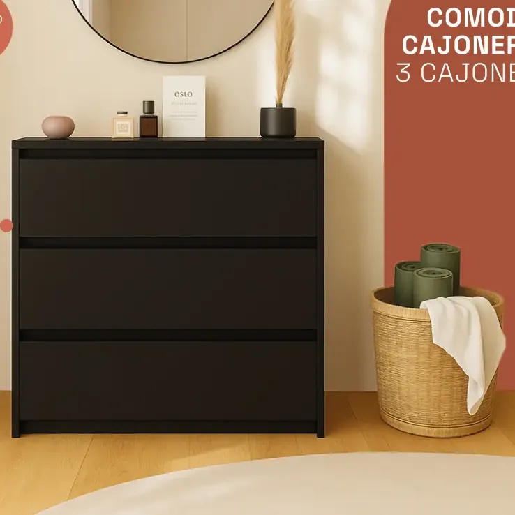 Comoda Cajonera De Melamina Con 3 Cajones Negro