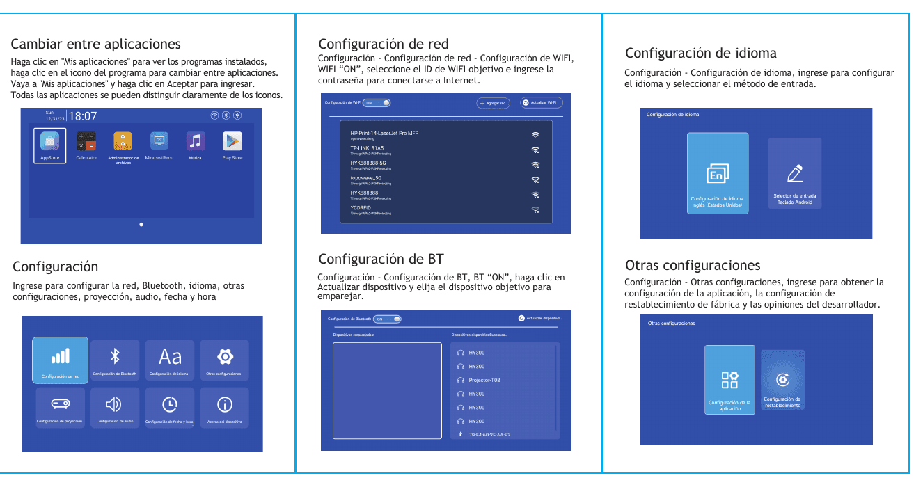 Manual HY300 con pantallas de configuración de aplicaciones, WiFi, Bluetooth e idioma