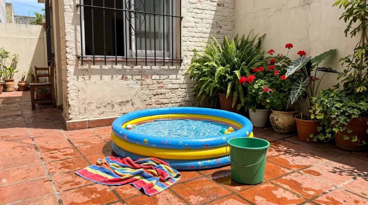 Pileta inflable de tres aros para chicos, llena de agua sobre las baldosas de un patio, con una toalla y un balde al lado