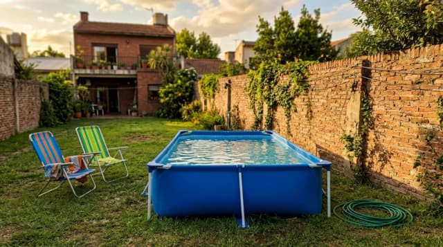 Pileta de lona armada en el patio de una casa argentina, con reposeras al lado y la medianera de ladrillo de fondo