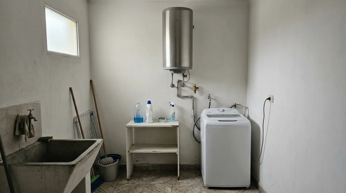 Termotanque eléctrico vertical de acero instalado en el lavadero de una casa, con sus caños de agua a la vista