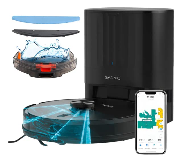 Robot aspiradora Gadnic AC800 con LIDAR y base autolimpiante sobre piso de departamento argentino