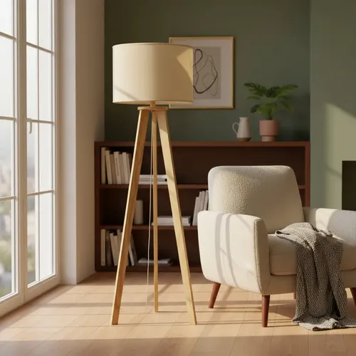 Lámpara de pie trípode nórdica de madera con pantalla de tela, la más elegida de la categoría
