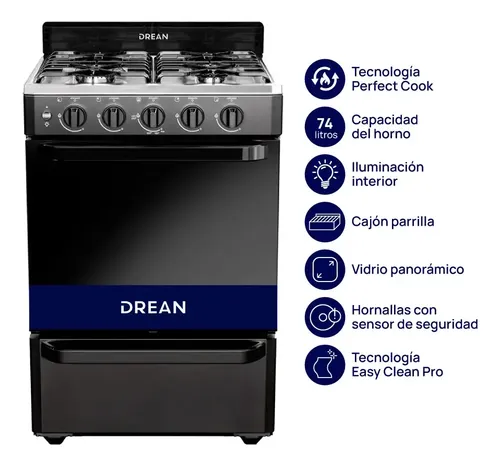 Cocina a gas de cuatro hornallas con horno con visor, en una cocina de casa