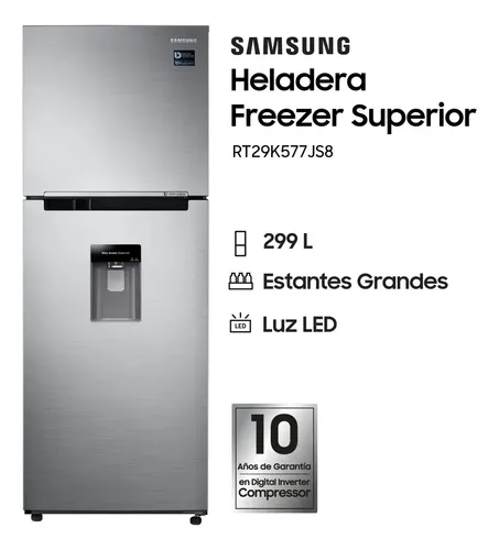 Heladera no frost de dos puertas con freezer superior vista de frente