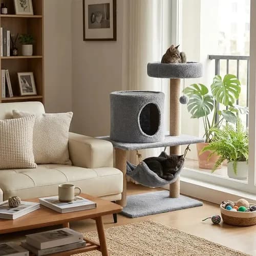 Torre rascadora para gatos con cucha y juguete en un living