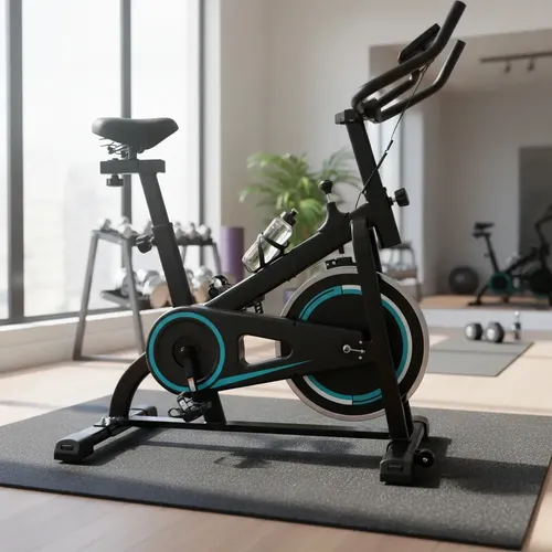 Bicicleta fija de spinning con volante de inercia en un gimnasio en casa
