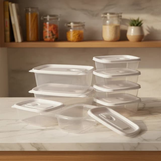 Set de tuppers plásticos apilados sobre una mesada de cocina, el tupper con más reseñas de esta comparativa de MercadoLibre Argentina