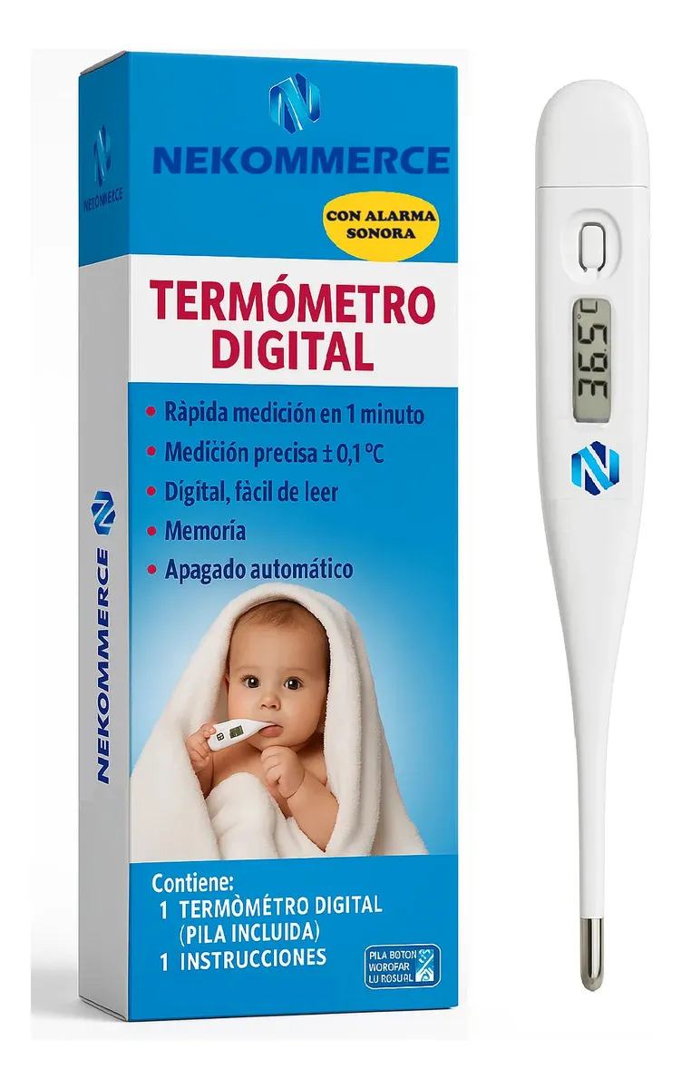 Termómetro Digital NEKOMMERCE Axila Oral LCD Alarma Bebés Niños Adultos