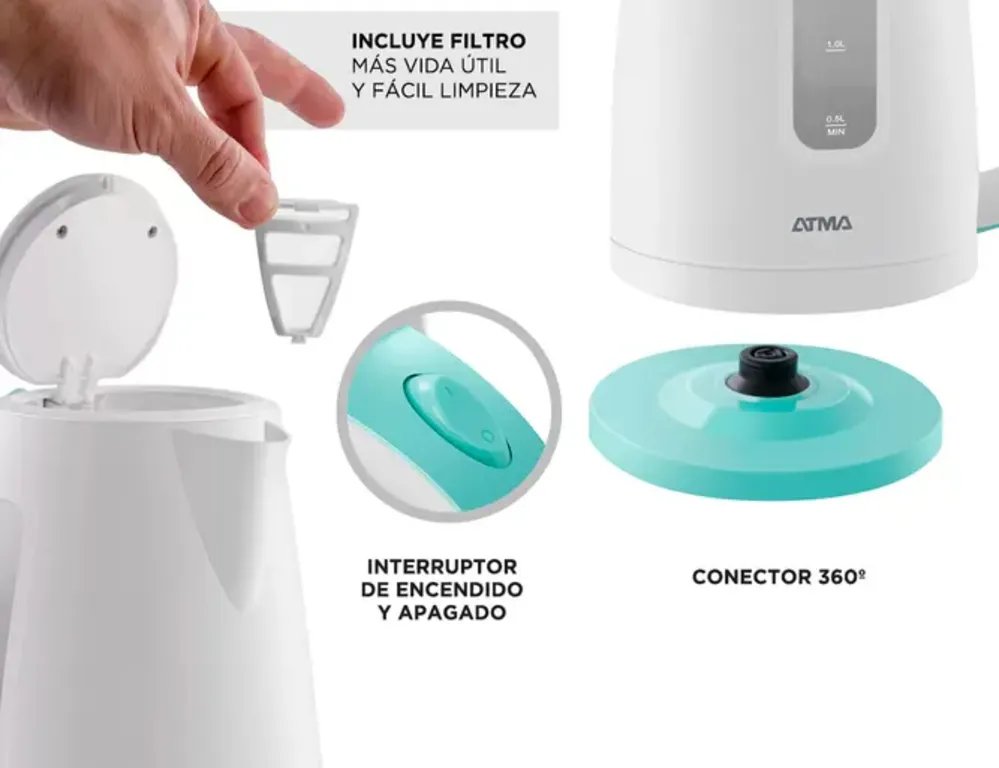 Atma PEAT1351 detalles: filtro removible, interruptor, conector 360°